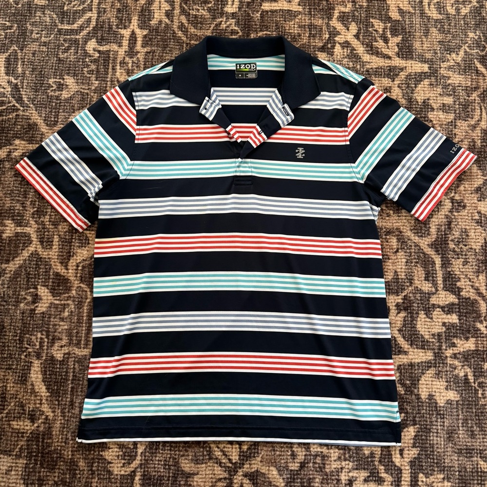 Izod Men's Polo Shirt - Navy, Red, Light Blue Stripes